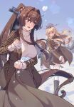  2girls alternate_costume black_boots blonde_hair blue_eyes blush boots breasts brown_coat brown_eyes brown_hair brown_skirt cherry_blossoms coat commentary_request flower hair_between_eyes hair_flower hair_ornament headgear highres himeyamato holding holding_snowball iowa_(kancolle) kantai_collection large_breasts long_hair looking_at_another multiple_girls open_mouth pink_sweater ponytail scarf skirt smile snowball snowball_fight star-shaped_pupils star_(symbol) sweater symbol-shaped_pupils thighhighs throwing very_long_hair white_thighhighs yamato_(kancolle) 