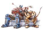  2boys arrow_in_body autobot blue_eyes bow bumblebee bumblebee_(film) crossed_arms damaged hand_on_own_face highres holding holding_bow mecha multiple_boys no_humans optimus_prime photo-referenced science_fiction smoke transformers transformers_(live_action) xiangbei_zhinan 