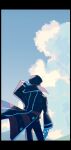  1boy absurdres azisaiharumaki56 black_coat black_hat black_pants blue_sky cloud coat commentary_request day facing_away from_behind gloves hat highres ingo_(pokemon) letterboxed long_sleeves looking_afar male_focus pants pokemon pokemon_bw sky solo white_gloves 