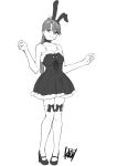  1girl animal_ears artist_logo choker dress fake_animal_ears fur-trimmed_dress fur_trim greyscale high_heels highres houshou_(kancolle) kantai_collection logo long_hair mary_janes monochrome ponytail rabbit_ears shoes solo spaghetti_strap standing tadokoro_nurikabe thighhighs very_long_hair w_arms 