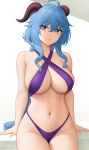  1girl absurdres ahoge bangs bare_shoulders blue_hair blush breasts cleavage collarbone ganyu_(genshin_impact) genshin_impact highres horns large_breasts long_hair looking_at_viewer low_ponytail navel purple_eyes smile solo swimsuit thighs zaphn 