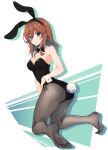  1girl animal_ears bangs black_bow black_bowtie black_hairband black_leotard black_ribbon blue_eyes blush bow bowtie breasts brown_hair cleavage collarbone detached_collar eyebrows_visible_through_hair fake_animal_ears fake_tail full_body go-toubun_no_hanayome grey_legwear hair_between_eyes hairband kneeling leotard long_hair medium_breasts miyazakit nakano_miku pantyhose playboy_bunny rabbit_ears rabbit_tail ribbon shadow shiny shiny_hair solo strapless strapless_leotard tail white_background wing_collar wrist_cuffs 