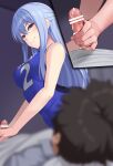  1boy 1girl arched_back bare_shoulders bed bedside blue_eyes blue_hair blurry blurry_foreground breasts censored closed_mouth cowboy_shot depth_of_field erection eyebrows_visible_through_hair from_below hair_between_eyes handjob huyumitsu indoors jersey long_hair looking_at_another lying medium_breasts on_back original penis pointless_censoring shirt short_shorts shorts sidelocks sideways_glance sleeveless smile sportswear tank_top tight tight_shirt 
