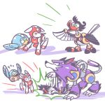  armor beat_(mega_man) blue_eyes character_request helmet highres laser-lance mega_man_(classic) mega_man_(series) no_humans non-humanoid_robot purple_armor red_armor red_helmet robot robot_animal robot_bird robot_dog rush_(mega_man) treble_(mega_man) 