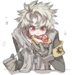  1boy blush bread bread_slice commentary_request eating food gachiakuta gloves gongbaek11111 grey_hair highres holding holding_bread holding_spoon jam korean_commentary male_focus red_eyes rudo_surebrec short_hair simple_background solo spoon upper_body white_background zipper_pull_tab 