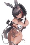  1girl absurdres animal_ears bay_(nikke) bay_(radiant_rabbit)_(nikke) black_hair breasts commentary covered_navel dark-skinned_female dark_skin fake_animal_ears gloves goddess_of_victory:_nikke head_tilt highres large_breasts leotard long_hair looking_at_viewer miine_1029 multicolored_hair navel official_alternate_costume pasties playboy_bunny ponytail pulling_own_clothes rabbit_ears red_hair see-through_clothes see-through_leotard shrug_(clothing) side-tie_leotard sleeveless_shrug star_(symbol) star_sticker sticker sticker_on_face streaked_hair thighhighs very_long_hair white_background white_thighhighs 