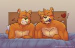  absurd_res anthro blush condom digital_media_(artwork) duo efryol fur hair hi_res male male/male mammal muscular muscular_male open_mouth pecs sex sexual_barrier_device sibling simple_background smile suggestive suggestive_pose twins ursid 