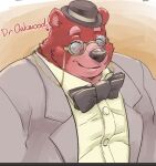  2022 anthro black_nose bow_tie clothing exe_exem eyes_closed eyewear glasses hat headgear headwear kemono male mammal overweight overweight_male portrait red_body shirt solo text topwear ursid 