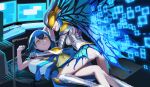  2girls absurdres all_fours armor armored_boots armored_leotard armpit_peek arthropod_girl ass blue_coat blue_hair boots breasts butterfly_girl butterfly_wings closed_mouth coat coat_on_shoulders commentary computer covered_eyes covered_navel digimon digimon_(creature) digimon_story:_cyber_sleuth digimon_story:_cyber_sleuth_-_hacker's_memory digital_dissolve dress facing_viewer gauntlets hair_between_eyes head_wings helmet highres hudiemon indoors insect_wings knee_boots leotard long_hair looking_at_viewer low_twintails lying medium_breasts mishima_erika monitor multiple_girls multiple_monitors on_back parted_lips psmon purple_armor purple_leotard short_hair_with_long_locks sidelocks smile twintails twitter_username wings yellow_dress yellow_eyes 