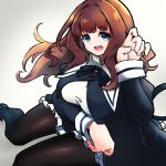  1girl :d arm_under_breasts assault_lily black_pantyhose black_ribbon black_shoes black_skirt blue_eyes breasts brown_hair cropped_jacket digamma floating_hair frilled_skirt frills from_side gradient_background grey_background hands_up hashtag-only_commentary high-waist_skirt highres juliet_sleeves kaede_johan_nouvel large_breasts long_hair long_sleeves looking_at_viewer looking_to_the_side miniskirt neck_ribbon open_mouth pantyhose puffy_sleeves ribbon school_uniform shirt shoes sidelocks sitting skirt smile solo teeth upper_teeth_only wavy_hair white_shirt yurigaoka_girls_academy_school_uniform 