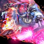  1girl apron blue_eyes breasts electricity energy_cannon explosion extra_arms gas1 happy_anniversary highres looking_at_viewer maid maid_apron mecha milestone_celebration official_art purple_hair robot solo taimanin_(series) 