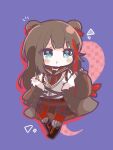 1girl :t animal_ears arknights bear_ears black_footwear black_shirt blue_eyes blush_stickers boots brown_hair brown_jacket brown_sailor_collar brown_skirt cardigan checkered_background chibi closed_mouth commentary_request full_body fur-trimmed_jacket fur_trim highres jacket long_hair mom2 multicolored_hair necktie off_shoulder open_clothes open_jacket pantyhose pleated_skirt pout purple_background red_hair red_legwear red_necktie sailor_collar shirt skirt solo streaked_hair very_long_hair white_cardigan zima_(arknights) 