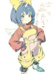  1girl arrow_(symbol) blue_eyes blue_hair blush bodysuit boots bow commentary_request covered_navel eiko_carol final_fantasy final_fantasy_ix gloves gorirago hair_bow hands_on_own_hips highres horns long_sleeves overalls pink_bodysuit red_gloves short_hair simple_background single_horn smile solo sweater turtleneck turtleneck_sweater ufo white_background wings yellow_bow yellow_overalls 