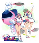  1girl :d ball buruma character_name commentary_request gloves headband highres letter_print mecha multiple_views no_pants pastel_(twinbee) pink_buruma pink_hair pleated_skirt racket robot shimadai587779 shirt shoes short_hair short_sleeves simple_background skirt smile sneakers sportswear tennis_ball tennis_racket tennis_uniform thighs twinbee white_shirt winbee 