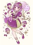  4girls :3 :d :q ^_^ absurdres balloon blunt_bangs blush_stickers bow chibi closed_eyes closed_mouth commentary cup dosukoi_(nagihoko) dress drinking_glass drinking_straw eating food fruit full_body gloves grape_juice grapes hat highres holding holding_balloon holding_food juice long_hair looking_at_viewer mini_hat mini_person minigirl multiple_girls open_mouth original purple_bow purple_dress purple_eyes purple_hair purple_hat purple_shoes shoes short_sleeves smile socks sparkle standing standing_on_one_leg striped_bow tongue tongue_out twintails white_gloves white_socks 