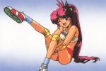  1990s_(style) 1girl bannou_bunka_nekomusume blue_socks buruma elbow_pads fang gradient_background green_eyes high_ponytail hugging_own_legs knee_pads knee_up leg_lift long_hair looking_at_viewer natsume_atsuko non-web_source official_art one_eye_closed open_mouth pink_hair ponytail red_buruma retro_artstyle scan shoes sitting sneakers socks solo sports_bra very_long_hair 