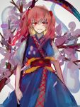  1girl bangs blue_dress blue_kimono breasts cleavage dress hair_bobbles hair_ornament hat highres japanese_clothes kimono koyoko looking_at_viewer onozuka_komachi puffy_short_sleeves puffy_sleeves red_eyes red_hair scythe short_hair short_sleeves skirt smile solo touhou two_side_up 