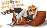  2022 amber_eyes anthro arknights black_body black_nose breasts butt clothed clothing eyewear felid female footwear fur glasses hair hi_res hypergryph korean_text looking_at_viewer mammal multicolored_body multicolored_fur multicolored_hair orange_body orange_fur orange_hair pantherine reclining relaxing solo studio_montagne tabam text tiger tongue tongue_out video_games waaifu_(arknights) white_body white_fur white_hair 