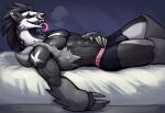  abs anthro bed black_body black_clothing black_fur black_hair black_underwear boxer_briefs breath bulge claws clothed clothing fur furniture grey_body grey_fur hair hand_on_stomach hi_res long_tongue looking_at_viewer lying male muscular muscular_anthro muscular_male nintendo obstagoon on_back on_bed pok&eacute;mon pok&eacute;mon_(species) red_eyes seductive solo sweatysabel teeth tongue tongue_out underwear underwear_only video_games white_body white_fur 
