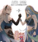  4girls aqua_hair azura_(fire_emblem) bangs bare_shoulders blonde_hair blush closed_eyes closed_mouth corrin_(fire_emblem) corrin_(fire_emblem)_(female) elise_(fire_emblem) eyebrows_visible_through_hair fire_emblem fire_emblem:_path_of_radiance fire_emblem_fates fire_emblem_heroes hair_ornament hair_ribbon hairband highres holding_hands jewelry leanne_(fire_emblem) midriff multicolored_hair multiple_girls navel necklace official_alternate_costume open_mouth pointy_ears purple_eyes purple_hair red_eyes ribbon scarf soba_rkgk teeth twitter_username upper_teeth white_background white_hair yellow_eyes 