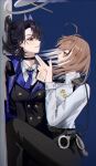 2girls ahoge alternate_costume belt black_belt black_choker black_hair black_jacket black_necktie black_pants blue_background blue_eyes blue_hair blue_necktie breast_pocket brown_eyes brown_hair buttons choker closed_mouth collared_shirt colored_inner_hair commentary cuffs double-breasted dress_pants dress_shirt earrings emimhok eye_contact finger_gun girl_on_top grin hair_intakes halo handcuffs highres hololive hololive_english jacket jewelry long_hair long_sleeves looking_at_another lying mechanical_halo multicolored_hair multiple_girls nanashi_mumei necktie on_floor on_side ouro_kronii pants pocket police police_badge police_uniform policewoman profile shirt short_hair sideways simple_background smile streaked_hair symbol-only_commentary two-tone_hair walkie-talkie white_hair white_shirt yuri 