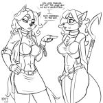  2018 anthro artist_name beauty_mark belt bodysuit bottomwear breasts cane canid canine carmelita_fox chest_tuft cleavage clothed clothing collar cuff_(restraint) daughter duo ear_piercing ear_ring female fox fur gesture hair hand_on_hip handcuffs heresy_(artist) hi_res iron_cuffs jacket long_hair mammal metal_cuffs midriff miniskirt mole_under_eye monochrome mother nervous parent piercing pointing procyonid raccoon restraints signature simple_background skinsuit skirt sly_cooper_(series) sony_corporation sony_interactive_entertainment speech_bubble staff sucker_punch_productions text tight_clothing time_travel topwear tuft video_games white_background zipper 