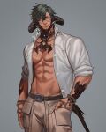  1boy abs artist_name belt collared_shirt ear_piercing earrings final_fantasy final_fantasy_xiv green_hair highres horns jewelry jouvru looking_at_viewer male_focus muscular muscular_male necklace open_clothes open_shirt original pants pectorals piercing shirt solo tail yellow_eyes 