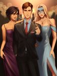  1boy 2girls alcohol arm_on_another's_shoulder artist_logo artist_request black_suit blonde_blazer blonde_hair blue_dress blue_eyes blue_shirt brown_eyes brown_hair champagne commentary cup dispatch dress english_commentary eye_mask feet_out_of_frame gem gold_necklace highres holding holding_cup invisigal_(dispatch) jewelry logo long_dress mask multiple_girls necklace necktie purple_dress red_gem red_necktie robert_robertson shirt sleeveless standing strapless strapless_dress suit 