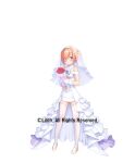  1girl bare_shoulders bouquet breasts bridal_veil commentary_request copyright_notice covered_navel dress eyes_visible_through_hair frilled_dress frills full_body garter_straps gloves hair_bun hair_over_one_eye highres holding holding_bouquet jewelry kuuchuu_yousai looking_at_viewer miyako_hayashizaki official_alternate_costume official_art orange_hair red_eyes ring second-party_source see-through_clothes see-through_midriff simple_background small_breasts smile solo standing taimanin_(series) taimanin_rpgx thighhighs veil wedding_dress wedding_ring white_background white_gloves white_thighhighs 