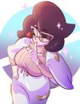  1girl big_hair breasts capelet commentary english_commentary green_eyes half-closed_eye hand_on_own_hip hand_up high-waist_skirt highres large_breasts long_sleeves mature_female medium_skirt one_eye_closed pencil_skirt pink-framed_eyewear pink_sweater pokemon pokemon_sm purple_hair ribbed_sweater ryagumon short_hair skirt smile solo sweater turtleneck turtleneck_sweater white_capelet white_skirt wicke_(pokemon) 