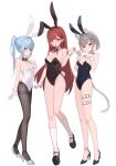  3girls absurdres akane_lize alternate_costume animal_ear_fluff animal_ear_hairband animal_ears ankle_belt arahashi_tabi arm_at_side belt belt_buckle belt_collar black_bow black_bowtie black_hairband black_hiphighs black_leotard black_ribbon black_shoes blue_eyes blue_hair blue_hairband blue_leotard blue_shoes blush bob_cut bow bowtie breasts buckle cat_ears cat_girl cat_tail cleavage closed_mouth collar covered_navel detached_collar fake_animal_ears fake_tail fangs full_body grey_eyes grey_hair grey_shoes hair_ornament hairband hairclip hand_up hands_up hashtag-only_commentary high_heels highres hiphighs kneehighs leotard long_hair looking_at_viewer looking_to_the_side mary_janes medium_breasts mole mole_under_eye multicolored_hair multiple_girls neck_ribbon neneko_mashiro open_mouth parallel_hairclips parted_bangs playboy_bunny pointing pointing_at_self pumps rabbit_ear_hairband rabbit_ears rabbit_tail ribbon seuhu shoes short_hair sidelocks simple_background small_breasts socks stellive straight_hair strapless strapless_leotard streaked_hair tail thigh_belt thigh_strap thighband_hiphighs twintails very_long_hair virtual_youtuber white_background white_collar white_hairband white_leotard white_socks white_wrist_cuffs wing_collar wrist_cuffs 