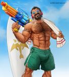  1boy abs arm_hair armpit_hair bara beard body_hair bulge chest_hair facial_hair glasses graves_(league_of_legends) hairy headphones highres league_of_legends leg_hair male_focus marcus_(rnarccus) mature_male muscular muscular_male navel_hair nipples pectorals shorts smile solo surfboard tattoo thick_arms thick_thighs thighs topless topless_male towel twitter_username veiny_arms water_gun 