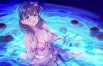  1girl :o bikini blush breasts brown_hair collarbone flower frilled_bikini frills idolmaster idolmaster_cinderella_girls looking_at_viewer medium_breasts omisoshiru partially_submerged pink_bikini red_flower red_ribbon red_rose refraction ribbon rose sakuma_mayu sarong solo swimsuit water 