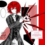  1other abstract_background androgynous blank_speech_bubble closed_mouth collared_shirt cowboy_shot crystal_wings detached_wings dot_nose finger_to_own_chin gas_wf greyscale hair_between_eyes hand_on_own_shoulder highres hood hood_down hooded_jacket jacket len'en light_frown long_sleeves looking_at_viewer monochrome open_clothes open_jacket other_focus red_eyes red_hair red_wings screenshot_inset shirt shitodo_hooaka short_hair shorts single_wing solo speech_bubble spot_color standing tailcoat white_background wide_sleeves wings 