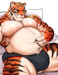 absurd_res anthro barazoku bared_fangs black_clothing black_eyes black_underwear clothed clothing epic_games felid fortnite fur hi_res kt_shaddow male mammal muscular muscular_anthro muscular_male orange_body orange_fur oscar_(fortnite) overweight overweight_anthro overweight_male pantherine solo tiger topless topless_anthro topless_male underwear white_body white_fur yellow_sclera