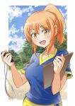  1girl absurdres blue_shirt blue_sky border clipboard cloud cloudy_sky commentary_request high_ponytail highres holding holding_clipboard holding_stopwatch jikkyou_powerful_pro_yakyuu jikkyou_powerful_soccer looking_at_viewer okuzono_ayu open_mouth orange_eyes orange_hair outside_border pants pawahotel3021 ponytail shirt short_sleeves sky soccer_uniform solo sportswear stopwatch tree upper_body white_border yellow_pants yellow_trim 