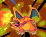  blue_eyes breath_weapon breathing_fire charizard derivative_work dragon fire lizard open_mouth pixel_art pokemon pokemon_(creature) pokemon_tcg ramzaneko solo wings 