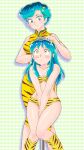  2girls animal_print aqua_eyes aqua_hair armlet bar_stool bare_arms bare_shoulders between_legs bikini blue_eyeshadow blush breasts brushing_another's_hair brushing_hair china_dress chinese_clothes closed_mouth comb commentary_request cone_horns dress eyeshadow hand_between_legs highres holding holding_comb horns jewelry kneehighs long_hair looking_at_another looking_up lum lum's_mother makeup mandarin_collar medium_breasts midriff mizutani_kenta mother_and_daughter multiple_girls orange_eyes pointy_ears print_bikini print_socks short_hair sitting sleeveless sleeveless_dress small_breasts smile socks standing stool strapless strapless_bikini swimsuit thighs tiger_print urusei_yatsura v_arms 