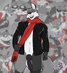 anthro balls bottomless canid canine clothed clothing creepy_smile fox genitals grey_(foleyfx) grey_fox hi_res jacket jacket_only jacket_vest knot male mammal mostly_nude mr.brapion penis scarf scarf_only skinny_male smile solo topwear topwear_only urocyon vest