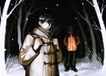  2boys artist_name backpack bag black_hair black_pants closed_mouth coat duffel_coat false_smile full_body grey_eyes hands_in_pockets hashtag-only_commentary highres hikaru_ga_shinda_natsu indou_hikaru jacket looking_at_viewer male_focus mole mole_on_cheek mole_under_eye mole_under_mouth multiple_boys multiple_moles night nikoadmeliora orange_jacket pants short_hair smile snowing standing tsujinaka_yoshiki upper_body white_hair 
