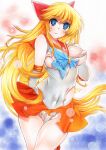  1girl absurdres aino_minako bishoujo_senshi_sailor_moon blonde_hair blue_eyes bow breasts choker covered_navel elbow_gloves gloves highres jewelry long_hair looking_at_viewer magical_girl marker_(medium) navel orange_choker orange_sailor_collar orange_skirt red_bow rozarin sailor_collar sailor_senshi_uniform sailor_venus skirt solo strappy_heels torn_clothes traditional_media white_background white_gloves 