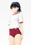  1girl black_hair blue_headband brown_eyes buruma commentary_request cowboy_shot flat_chest gym_shirt gym_uniform headband highres maburu_(lojyq1eur3e8bit) original red_buruma shirt short_hair short_ponytail simple_background solo standing t-shirt white_background white_shirt 