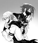  2boys anoipoi0 black_gloves commentary covered_mouth gloves greyscale high_five highres hood hood_down kamishiro_rui looking_at_viewer male_focus mask mask_pull monochrome mouth_mask multiple_boys project_sekai smile symbol-only_commentary tenma_tsukasa 