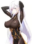  1girl alternate_costume arms_up azur_lane bangs belfast_(azur_lane) black_bodysuit black_dress black_gloves blue_eyes blush bodysuit braid breasts closed_mouth covered_nipples dress earrings elbow_gloves eyebrows_visible_through_hair french_braid gloves highres hip_vent jewelry large_breasts long_hair looking_at_viewer sbs simple_background solo white_background white_hair 