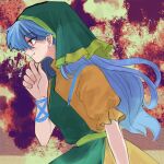  1girl apron blue_hair closed_mouth dress ear_piercing from_side green_apron hair_between_eyes hand_on_own_chin haniyasushin_keiki headscarf highres long_hair piercing pink_eyes short_sleeves smile solo staygold touhou upper_body yellow_dress 