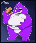 absurd_res alien anthro belly belt big_belly black_eyes bulge burger clothed clothing digital_drawing_(artwork) digital_media_(artwork) disney experiment_(lilo_and_stitch) fan_character food hand_on_belly henrique_rick hi_res holding_food holding_object lilo_and_stitch male overweight overweight_anthro overweight_male partially_clothed pseudo_hair purple_body smug solo space spacesuit tyrian_(tyrianreal)
