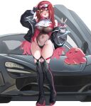  1girl :d absurdres adjusting_eyewear akane_lize black_boots black_car black_jacket black_leotard blush boots breasts car crop_top fingerless_gloves gloves goggles goggles_on_head grey_eyes grey_gloves highres jacket kiro_(kirotayu) large_breasts leotard long_hair mclaren motor_vehicle off_shoulder open_mouth pienna_(akane_lize) race_queen red_hair see-through_clothes see-through_leotard simple_background smile solo sports_car stellive thigh_boots v virtual_youtuber white_background 