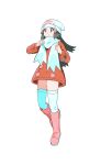  1girl beanie black_hair boots closed_mouth coat commentary dawn_(pokemon) grey_eyes hair_ornament hairclip hat highres long_hair majyo_(witch_poke) pink_boots pokemon pokemon_dppt pokemon_platinum poketch red_coat scarf simple_background smile solo symbol-only_commentary thighhighs watch white_background white_hat white_scarf white_thighhighs wristwatch 