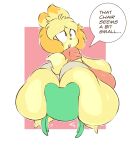  animal_crossing anthro arizonathevixen big_breasts big_butt blonde_hair bottomwear breasts butt canid canine canis chair clothing derpybelle domestic_dog english_text female froggy_chair furniture hair hi_res huge_breasts huge_butt hyper hyper_breasts hyper_butt isabelle_(animal_crossing) looking_back mammal nintendo open_mouth shih_tzu shirt shorts sitting solo speech_bubble text topwear toy_dog video_games yellow_body 