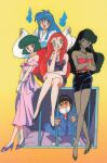  1990s_(style) 1boy ^_^ bare_legs bead_necklace beads black_hair blue_eyes blue_hair bow bracelet breasts brown_hair cage cleavage closed_eyes crossed_arms crossed_legs dark-skinned_female dark_skin dress earrings footwear_bow ghost ghost_sweeper_mikami gloves gold_bracelet gradient_background green_eyes green_hair grin head_rest high_heels himuro_kinu in_cage japanese_clothes jewelry large_breasts long_dress long_hair long_sleeves looking_at_viewer mikami_reiko miko miniskirt necklace non-web_source official_art ogasawara_emi open_mouth pencil_skirt pink_dress pumps purple_dress red_hair retro_artstyle rokudou_meiko scan shoes short_hair sitting skirt smile sneakers squatting standing v_arms w_arms white_gloves wide_sleeves yellow_background 